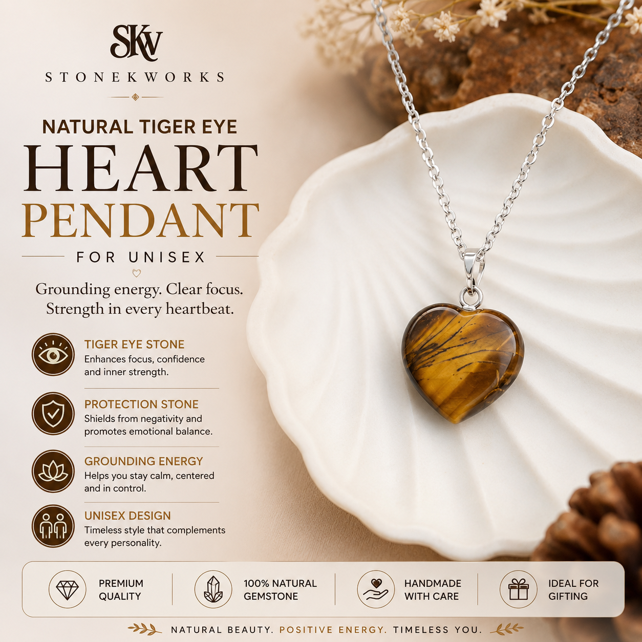 StoneKworks Facebook ad: Buy Brown Natural Tiger Eye Stone Heart Pendant!