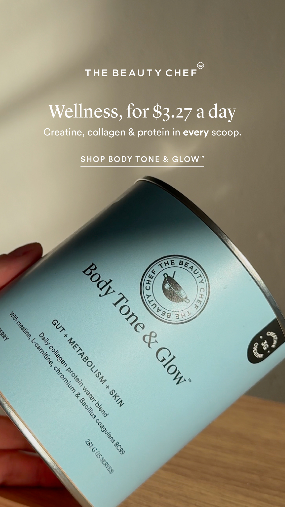 The Beauty Chef Facebook ad: 5-star rated-only $3.27 a day.