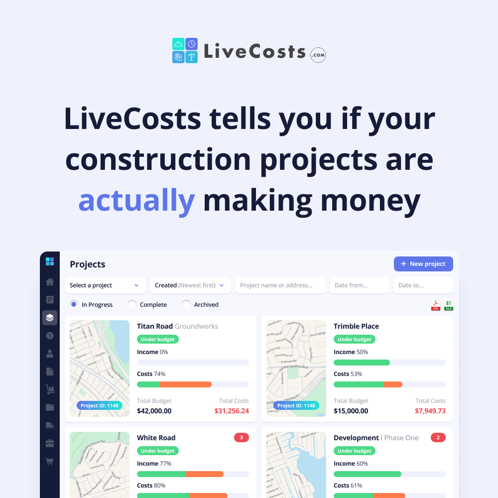 LiveCosts.com Facebook ad: Stop guessing if your construction projects are profitable.