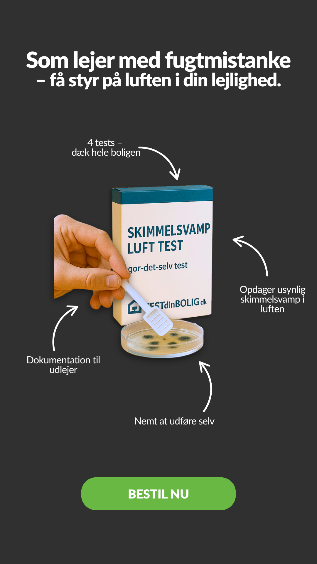 AA Indeklima - www.testdinbolig.dk Facebook ad: Mistænker du skimmelsvamp? Få svar med en simpel test!