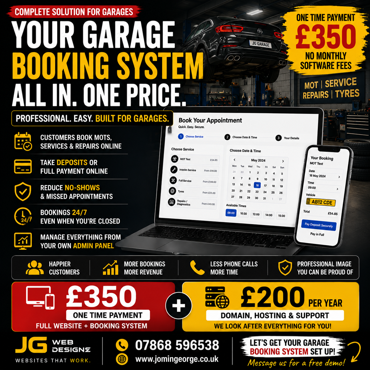 JG Web Designz Facebook ad: Full Garage Website + Booking System £350