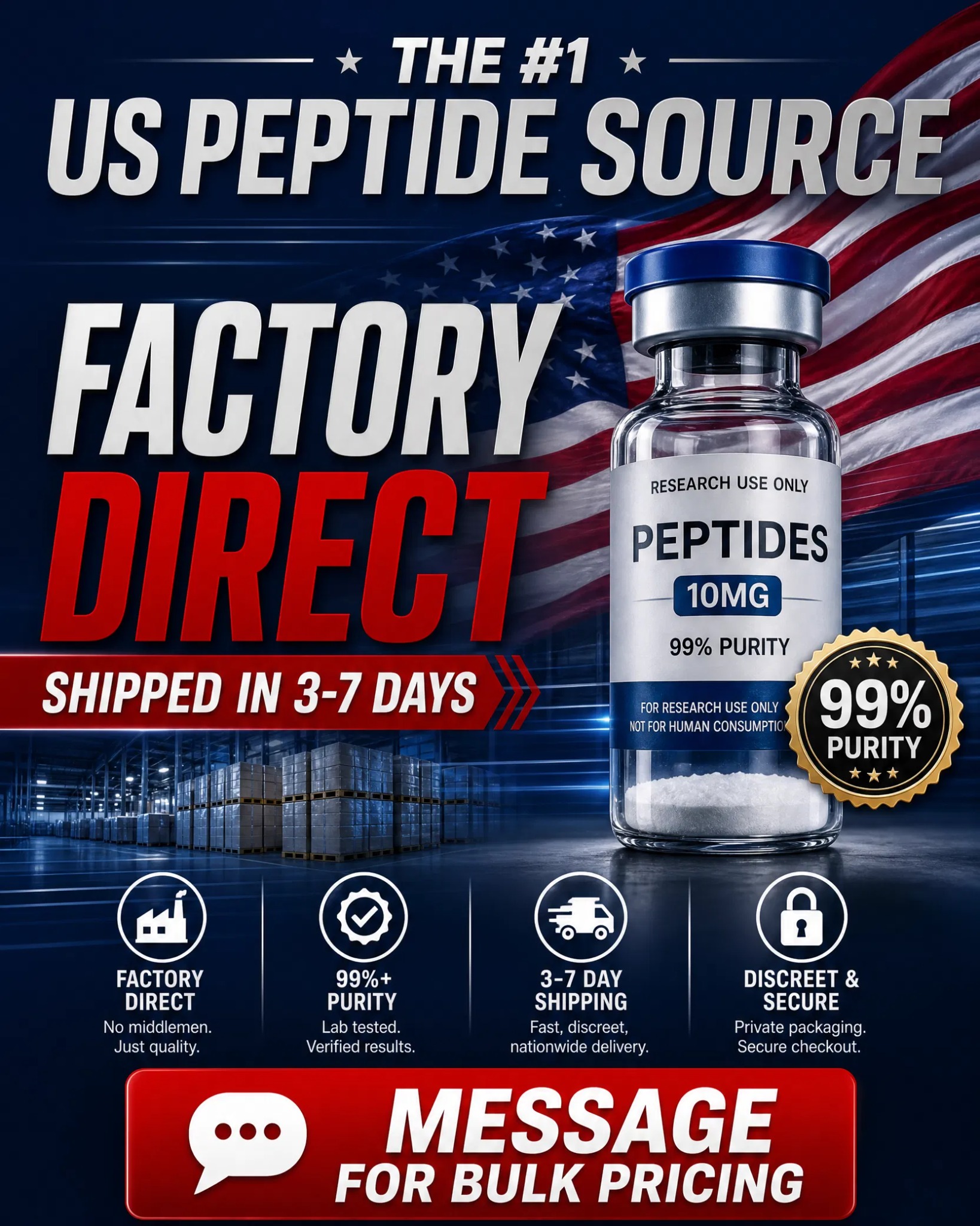 Prime Peptide Factory02 Facebook ad: US Source Peptides | 5-Day Delivery