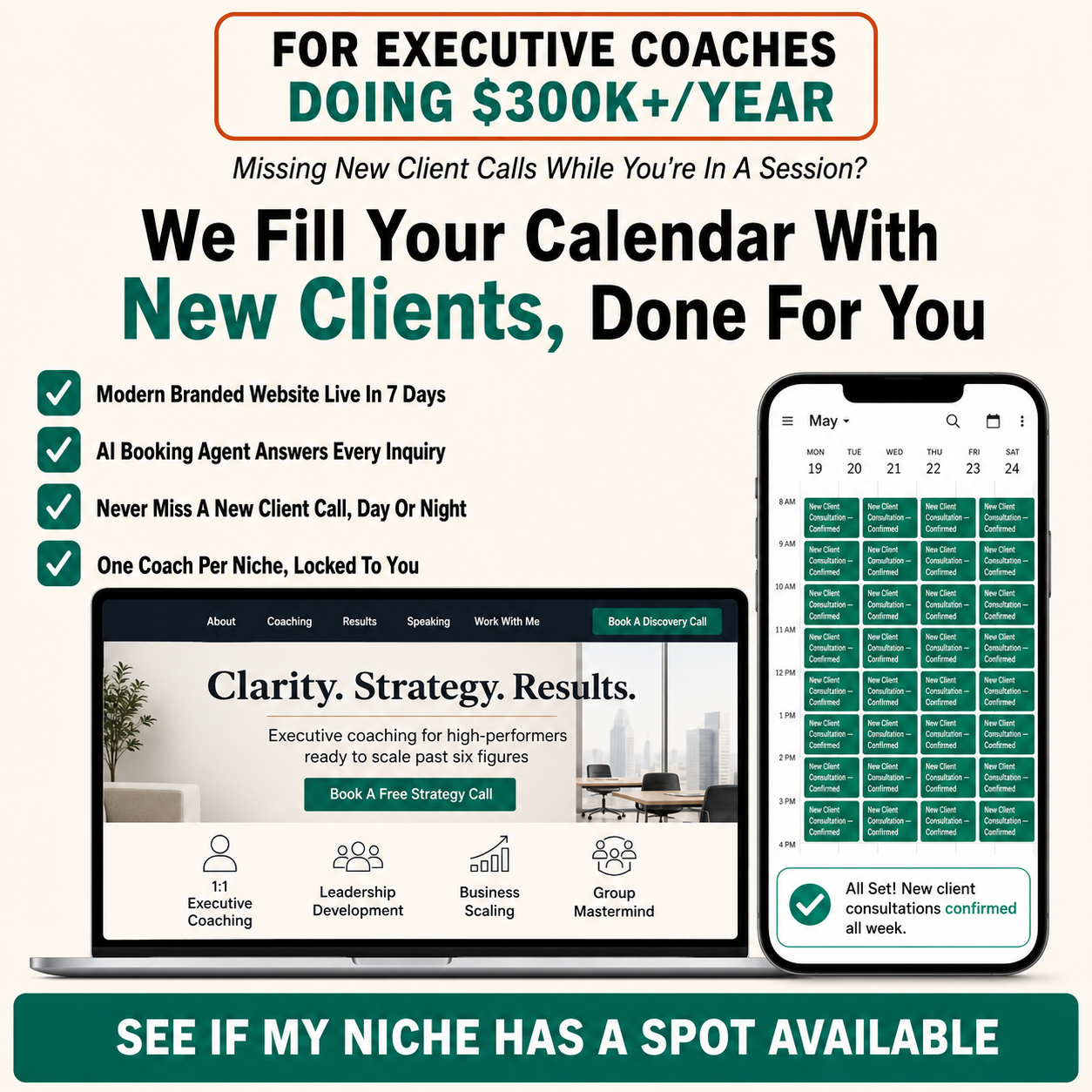 The Mirage Framework Facebook ad: Premium Website for Business Coaches Doing $250K+ a Year
