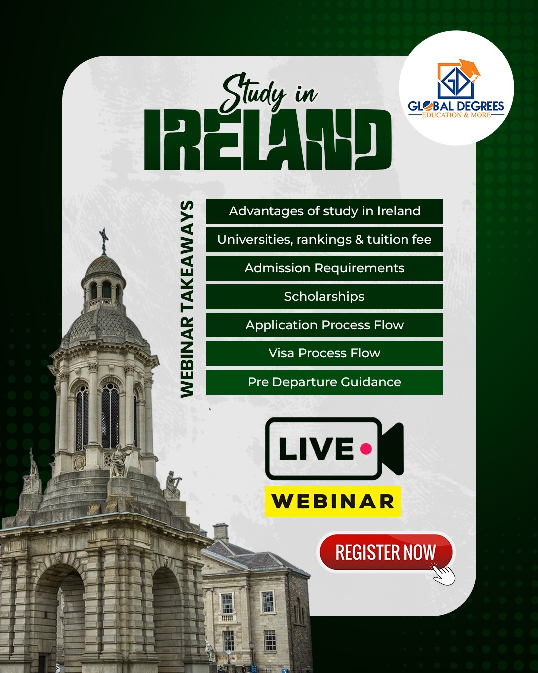 Global Degrees Facebook ad: Free Webinar: Study in Ireland