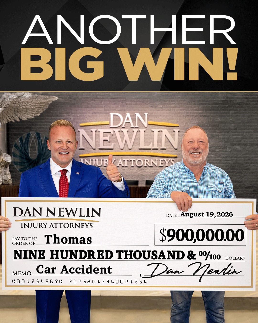 Dan Newlin Facebook ad: Another Big Win of $900,000 for Thomas!