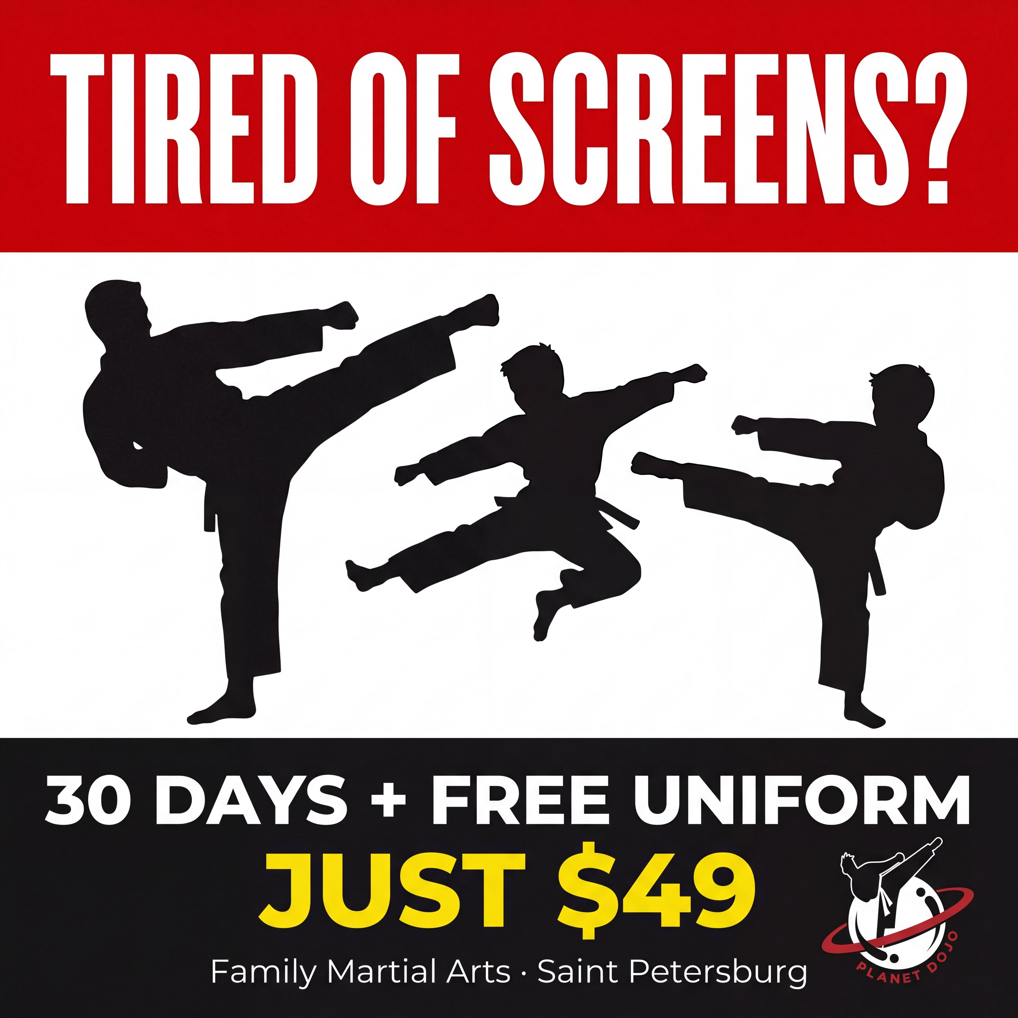 Planet Dojo Martial Arts Facebook ad: Swap Screen Time for Dojo Time
