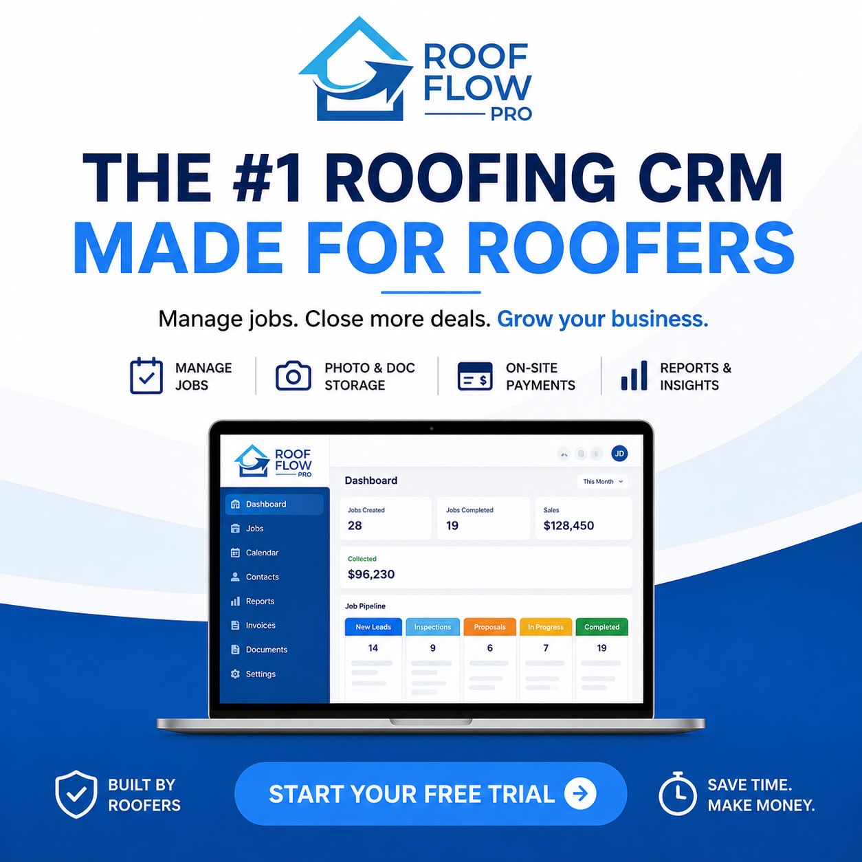 roofflowpro Facebook ad: The Roofing CRM Built to Win More Jobs.