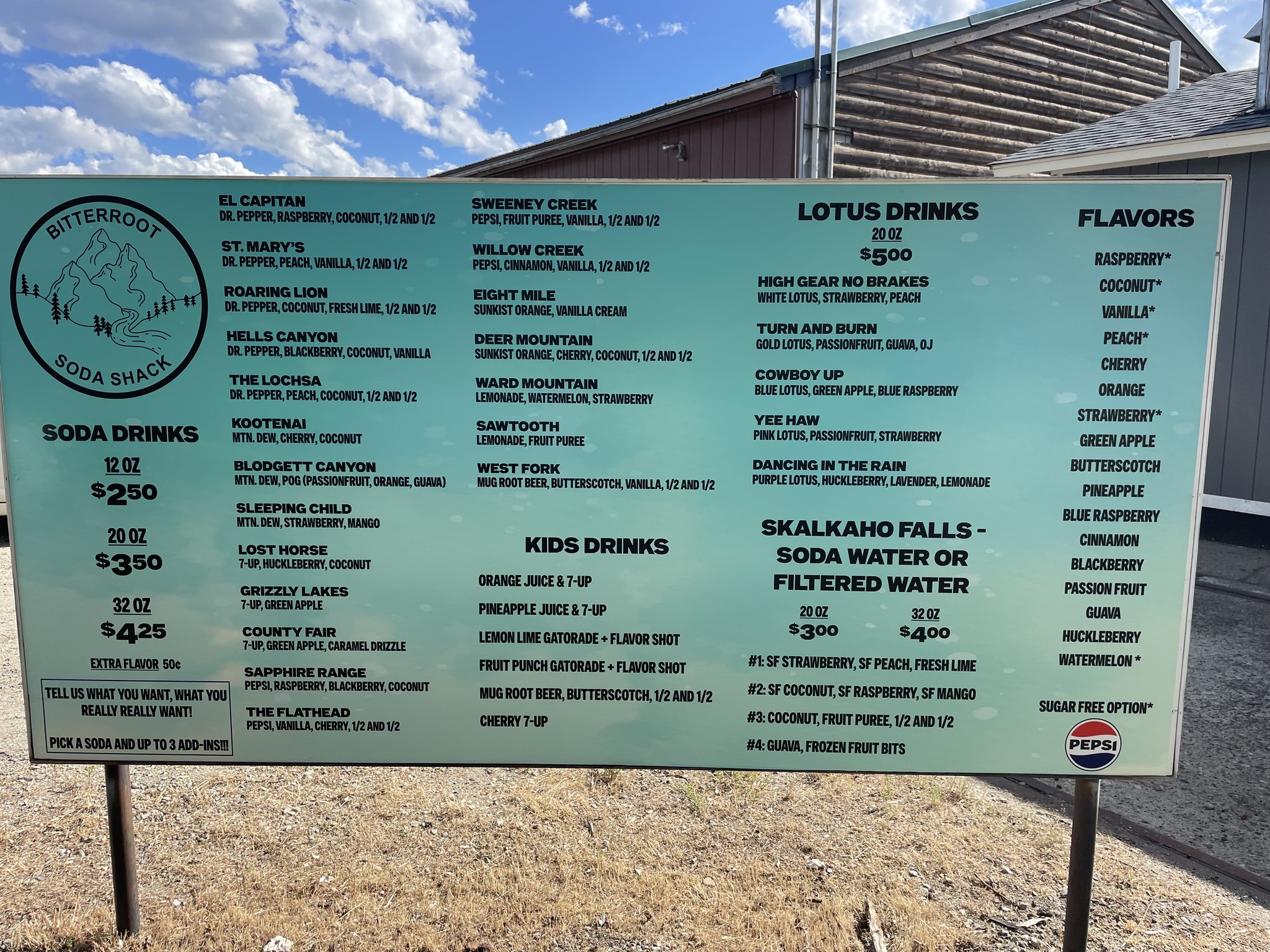Bitterroot Soda Shack Facebook ad: We are mixing quality flavored sodas, lotus drinks…
