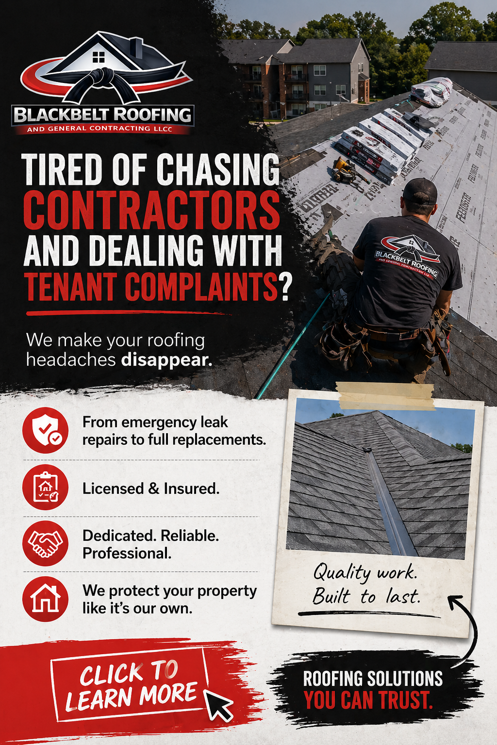 Blackbelt Roofing and General Contracting LLC Facebook ad: Roofs Starting at $9,999 + Free Gutters