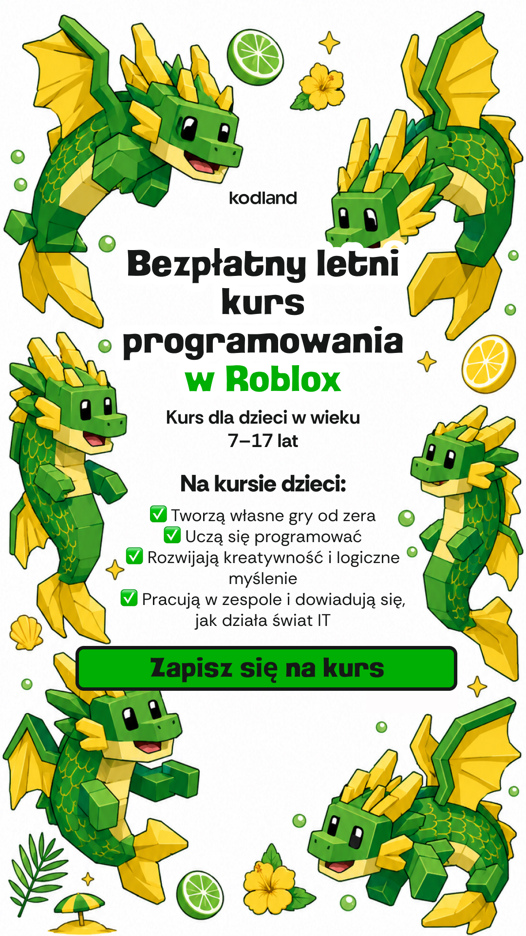 Kodland Polska Facebook ad: Darmowy kurs tworzenia gier w Roblox!