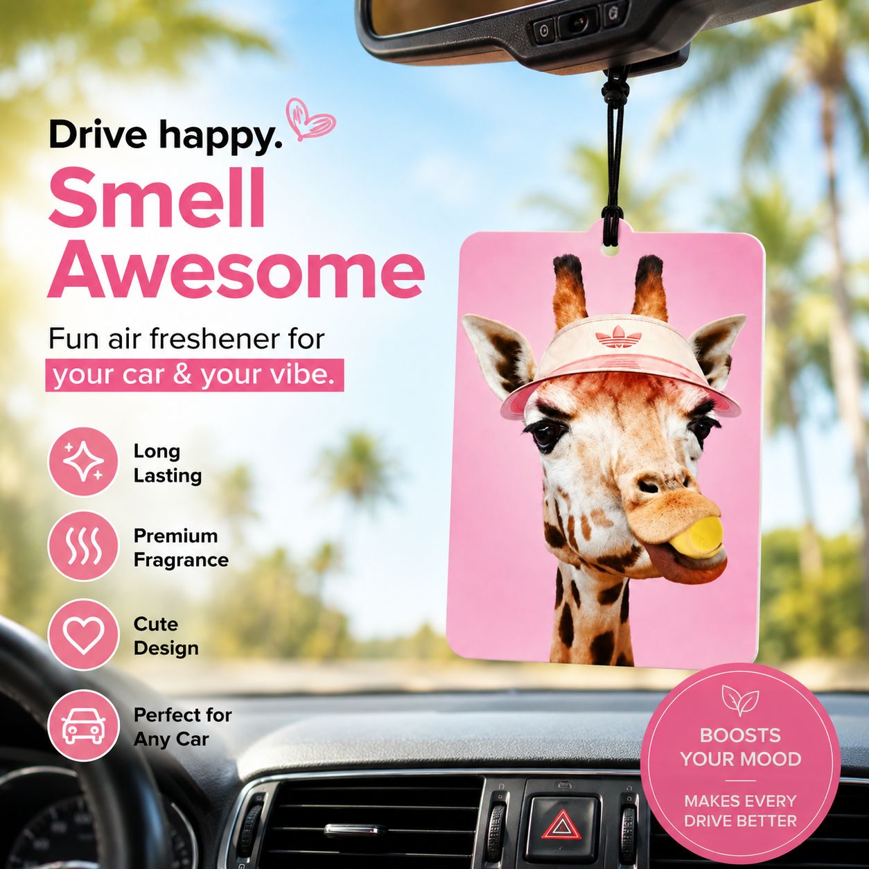 MyFreshScent.com Facebook ad: Funny Giraffe Air Freshener, Cute Pink Giraffe Car Air…