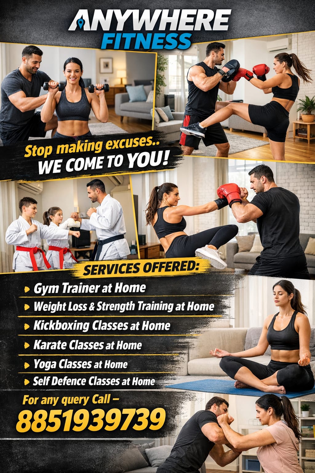 Anywhere Fitness Facebook ad: Get fit at home, expert trainers, your door.