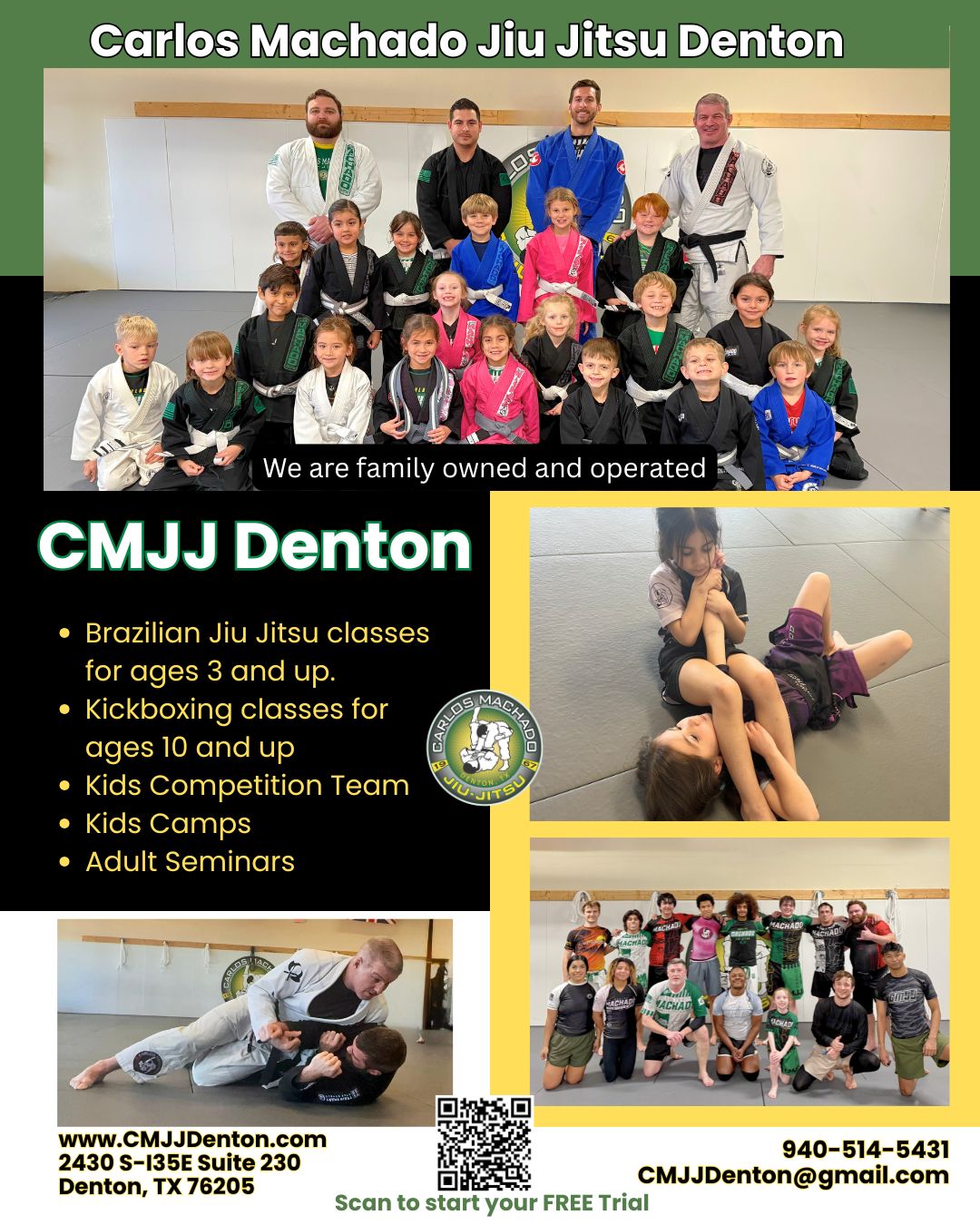 Carlos Machado Jiu Jitsu Denton Facebook ad: Classes for age 3 & up. FREE Trial!