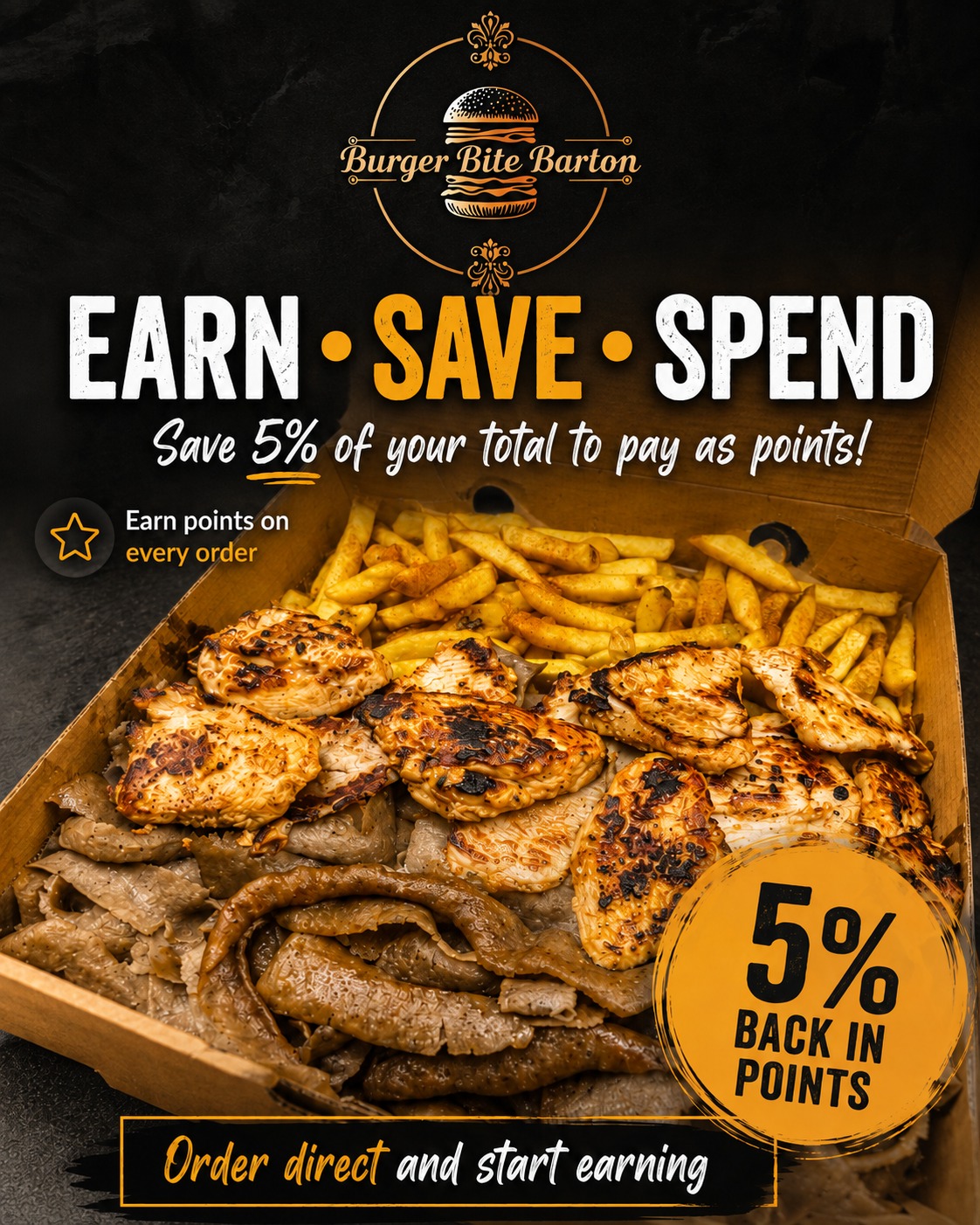 Burger Bite Barton Facebook ad: Burger Bite Barton | Earn 10% Points On Every Order!