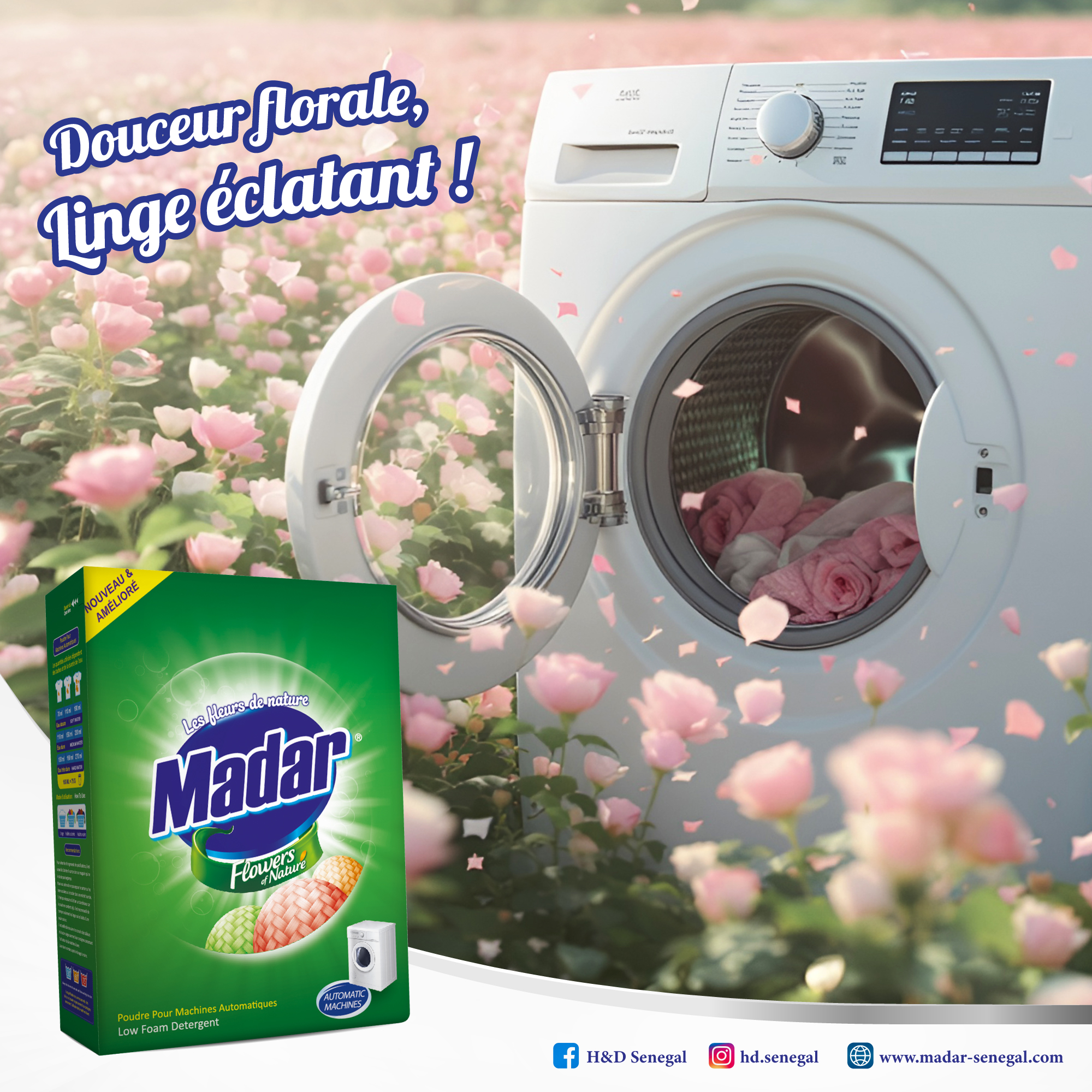 H&D Sénégal Facebook ad: Madar, Douceur florale, linge éclatant!