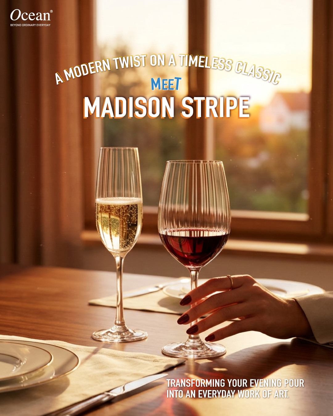 Ocean Glass Facebook ad: Introducing MADISON STRIPE, where timeless elegance meets…