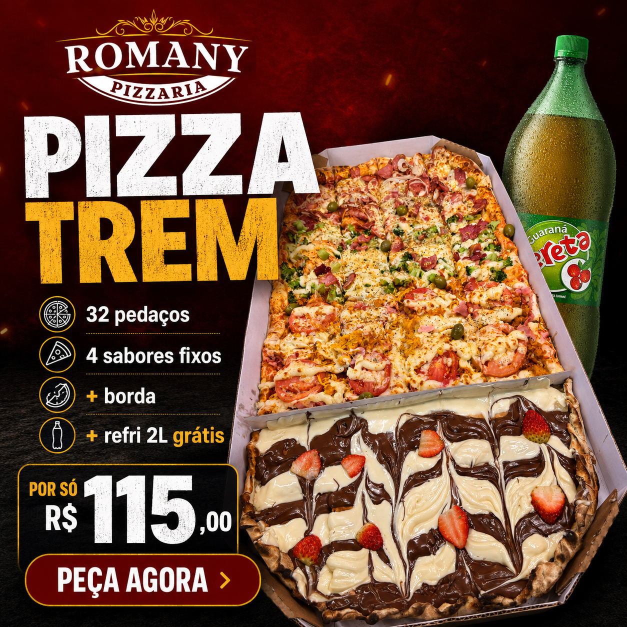 Romany Pizzas Campinas Facebook ad: 32 pedaços, borda recheada e refri grátis