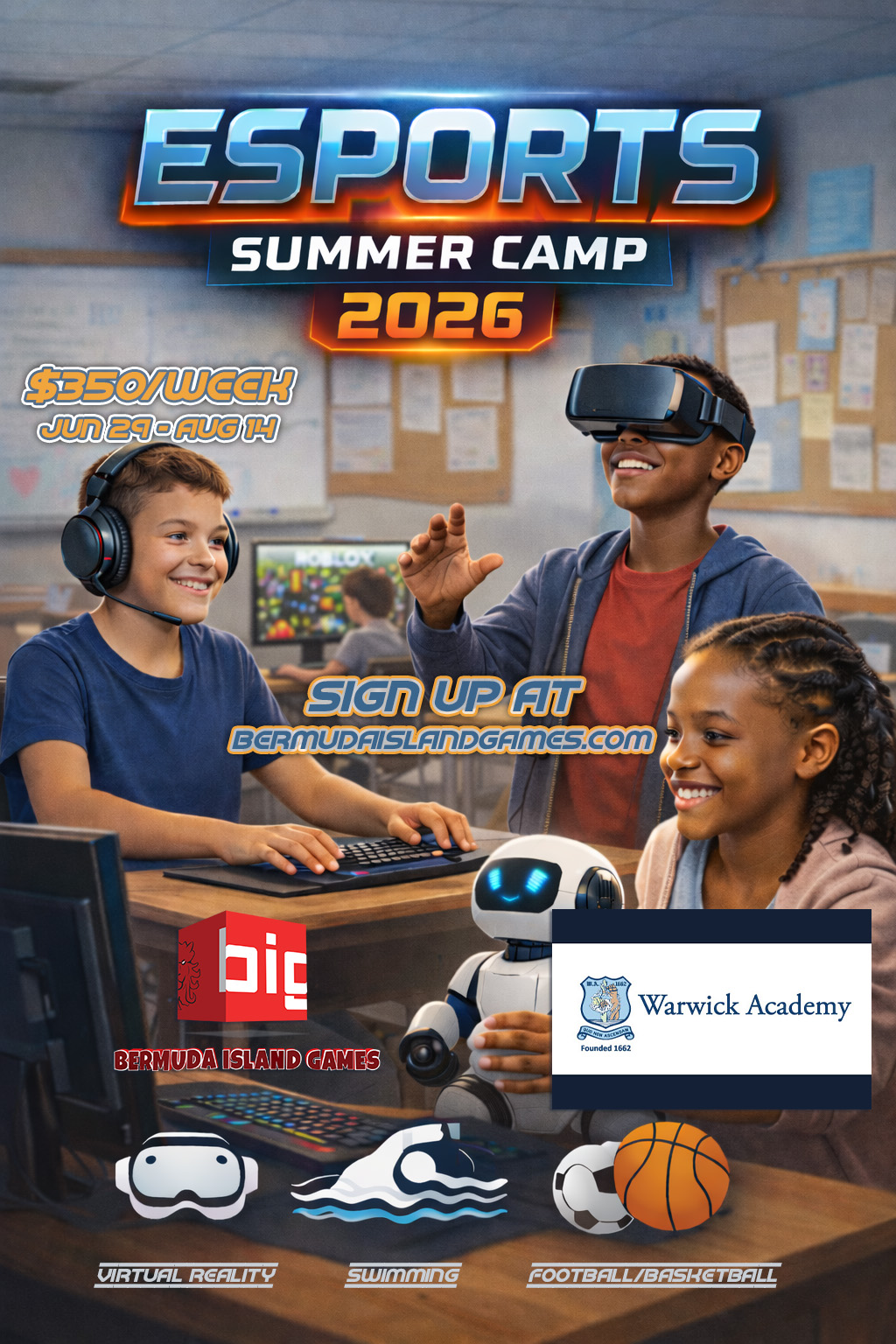 Bermuda Island Games Facebook ad: Virtual Reality, Swimming, Football, Basketball, E-Sports…