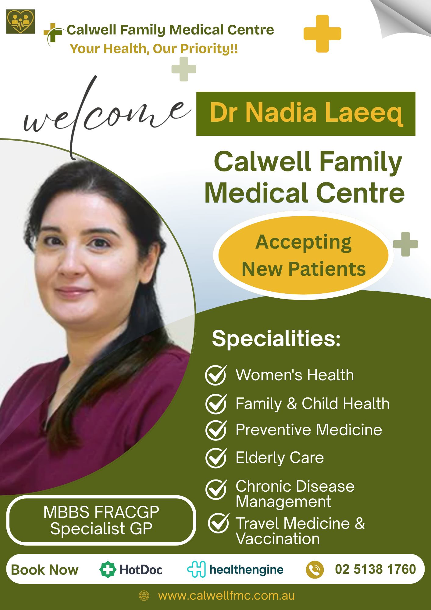 Calwell Family Medical Centre Facebook ad: Now Welcoming Patients, Dr Nadia Laeeq