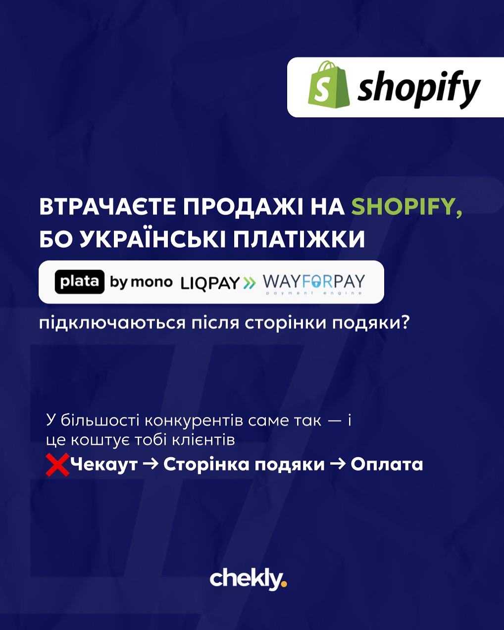 Chekly Facebook ad: Втрачаєте продажі в Shopify через те, що клієнти…