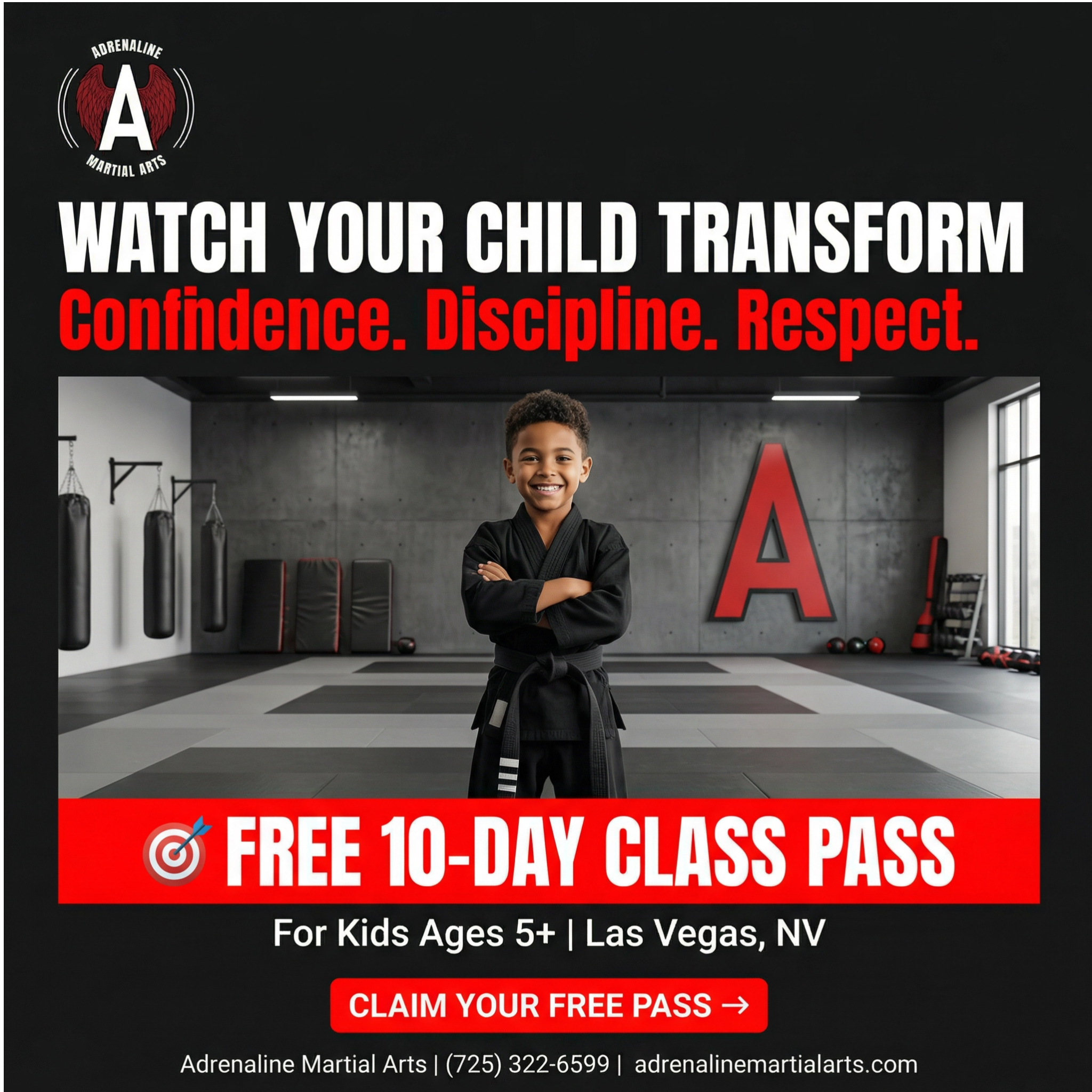 Adrenaline Martial Arts Facebook ad: Want a FREE 10-Day, Kids Martial Arts Class Pass?