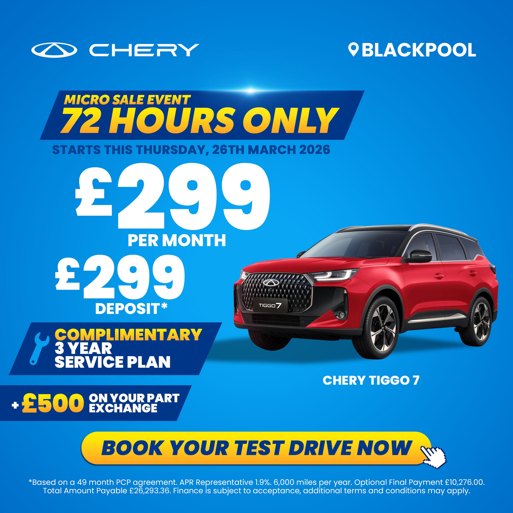 Blackpool Chery Facebook ad: 72 HOUR MICRO SALE EVENT