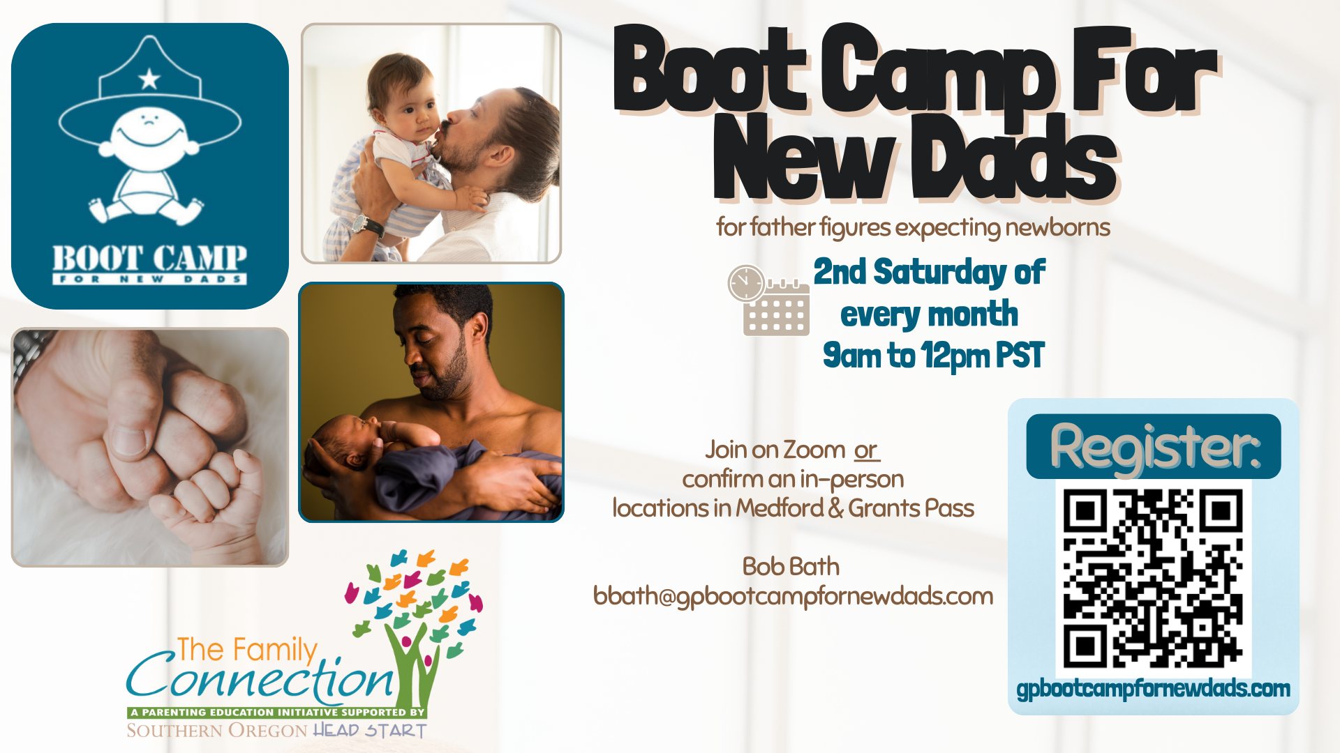 The Family Connection: Parenting Hub of Southern Oregon Facebook ad: Boot Camp For New Dads Workshop, Hybrid: Medford, Grants…
