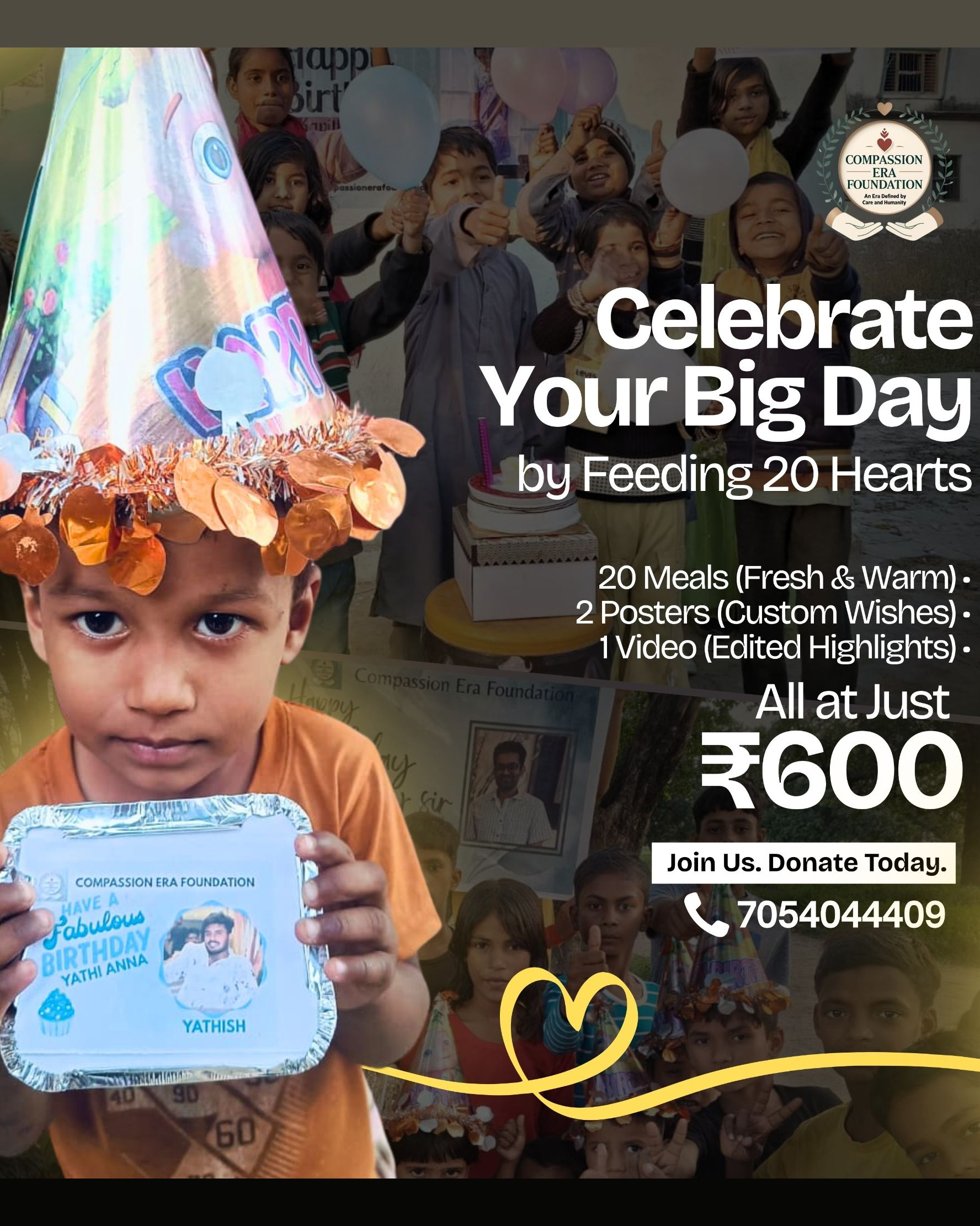 Compassion Era foundation Facebook ad: Feed 20 Children on Their Birthday, Just ₹600!