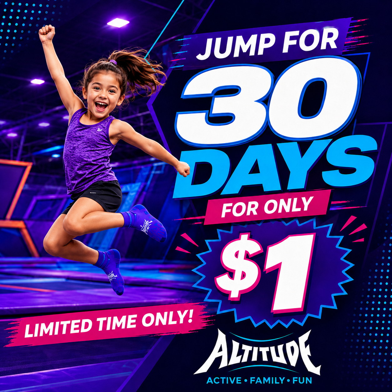 Altitude Trampoline Park - Concord Facebook ad: 30 days of jumps for only $1 with code: PlatinumCruise1