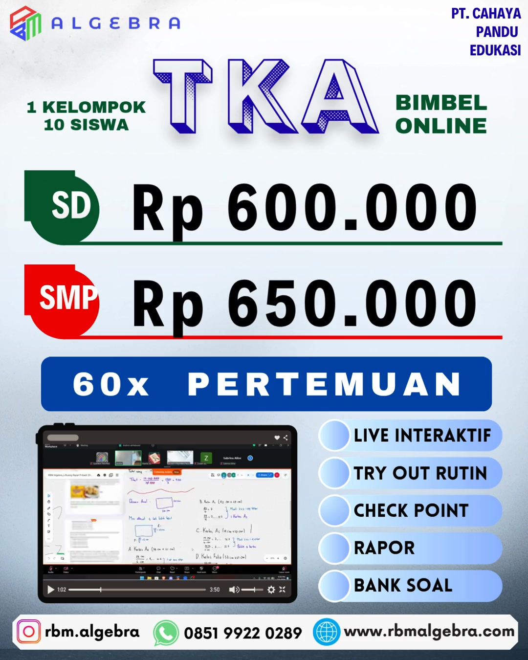 RBM Algebra Facebook ad: BIMBEL TKA ONLINE SD & SMP