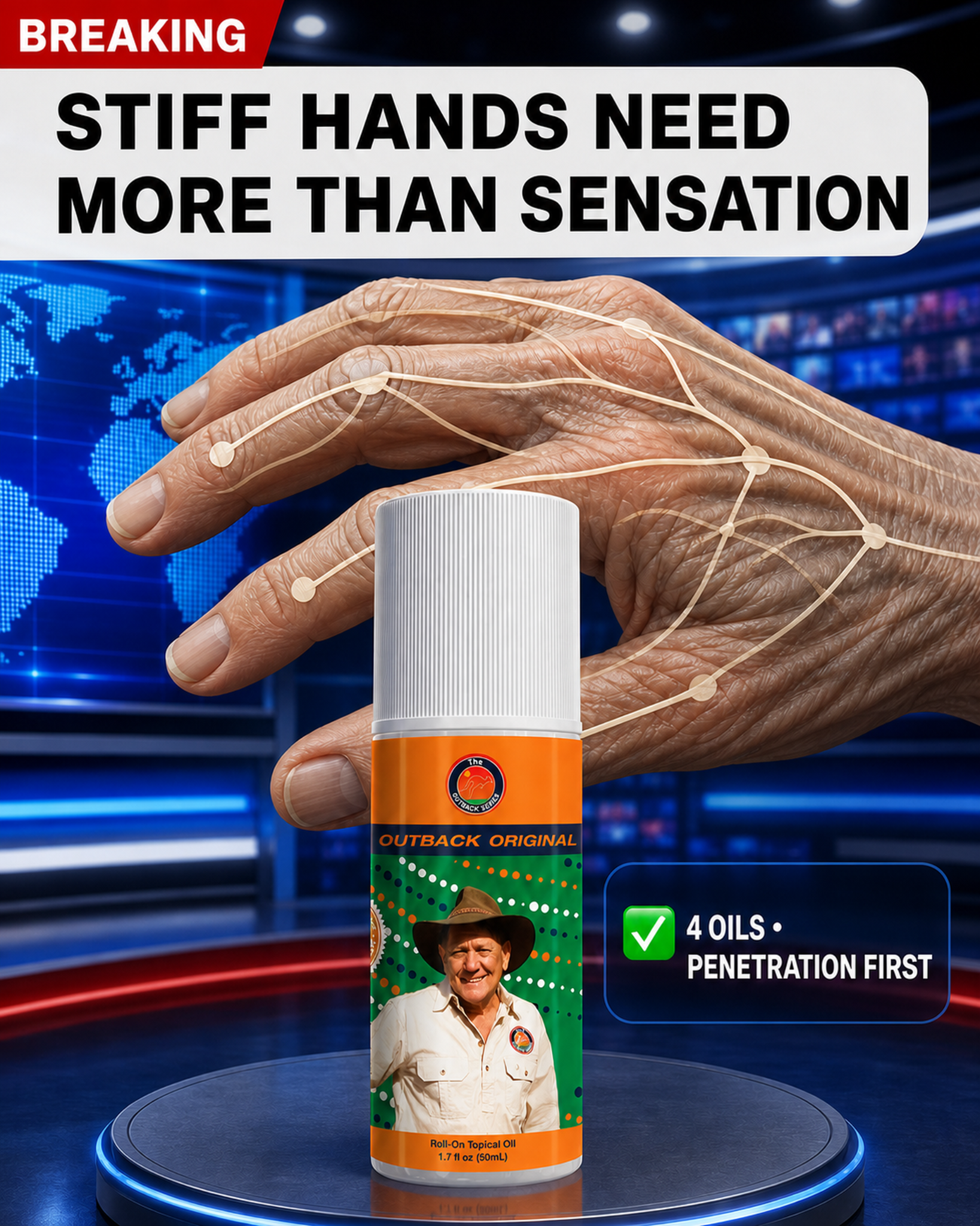 Outback Pain Relief Facebook ad: Breaking: Stiff Hands Need More Than Sensation