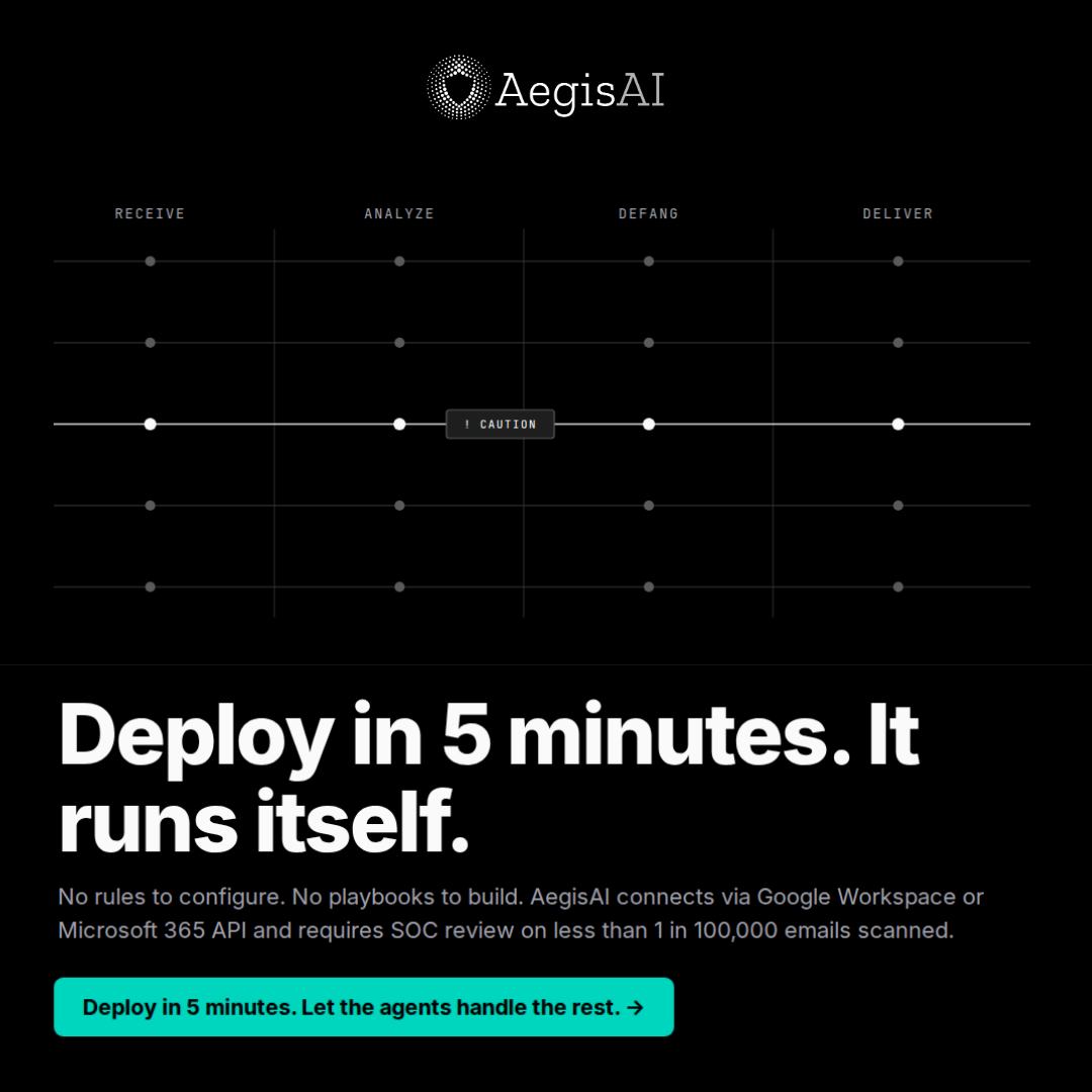 Aegis AI Security Facebook ad: Deploy in 5 minutes. Let the agents handle the rest.