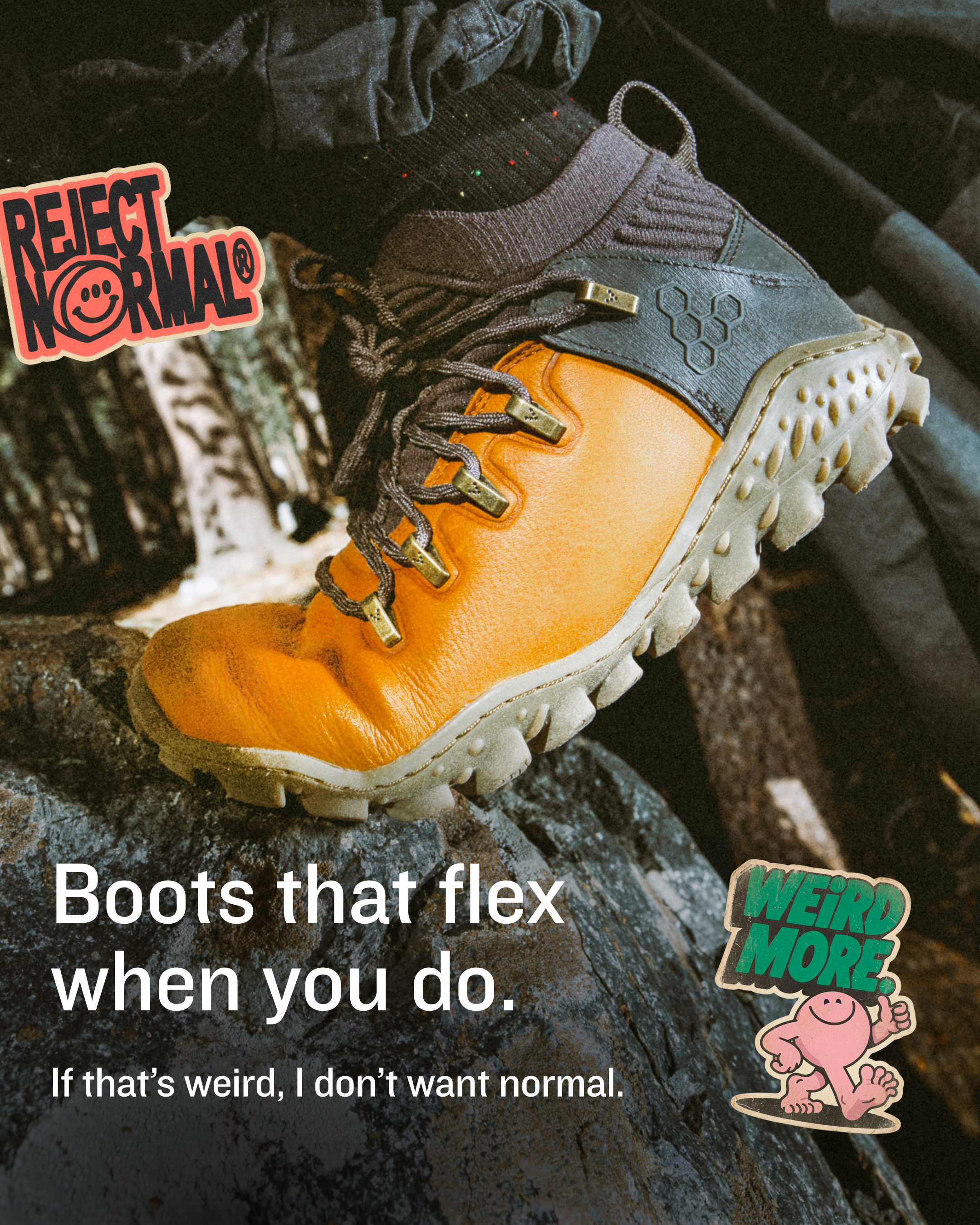 Vivobarefoot Facebook ad: Reject normal. Weird more.