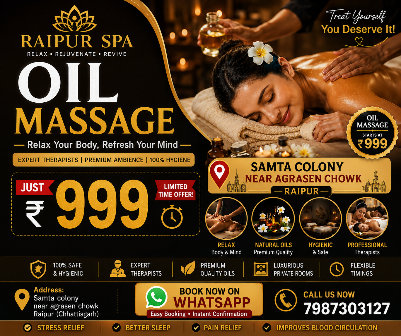 Raipur SPA Facebook ad: Premium Oil Massage @ Just ₹999 | Book Now