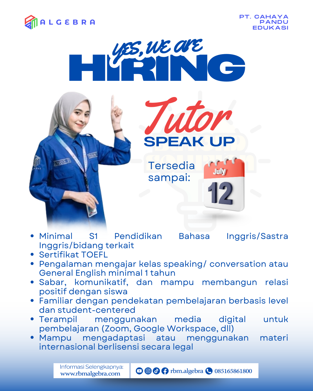 RBM Algebra Facebook ad: LOWONGAN TUTOR ONLINE (ENGLISH CONVERSATION)
