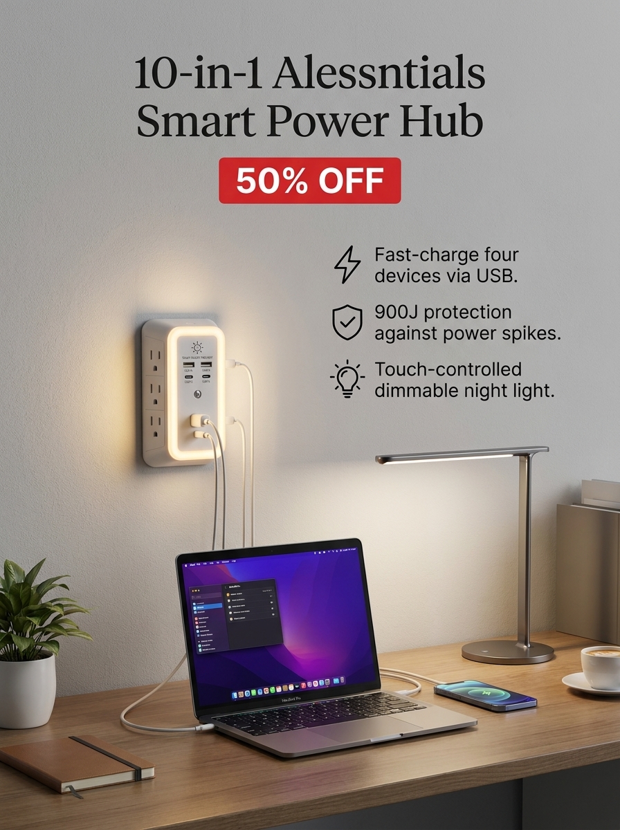 Jennie's Essential Select Facebook ad: Aless 10-in-1 ETL-Certified Surge Protector Power Outlet
