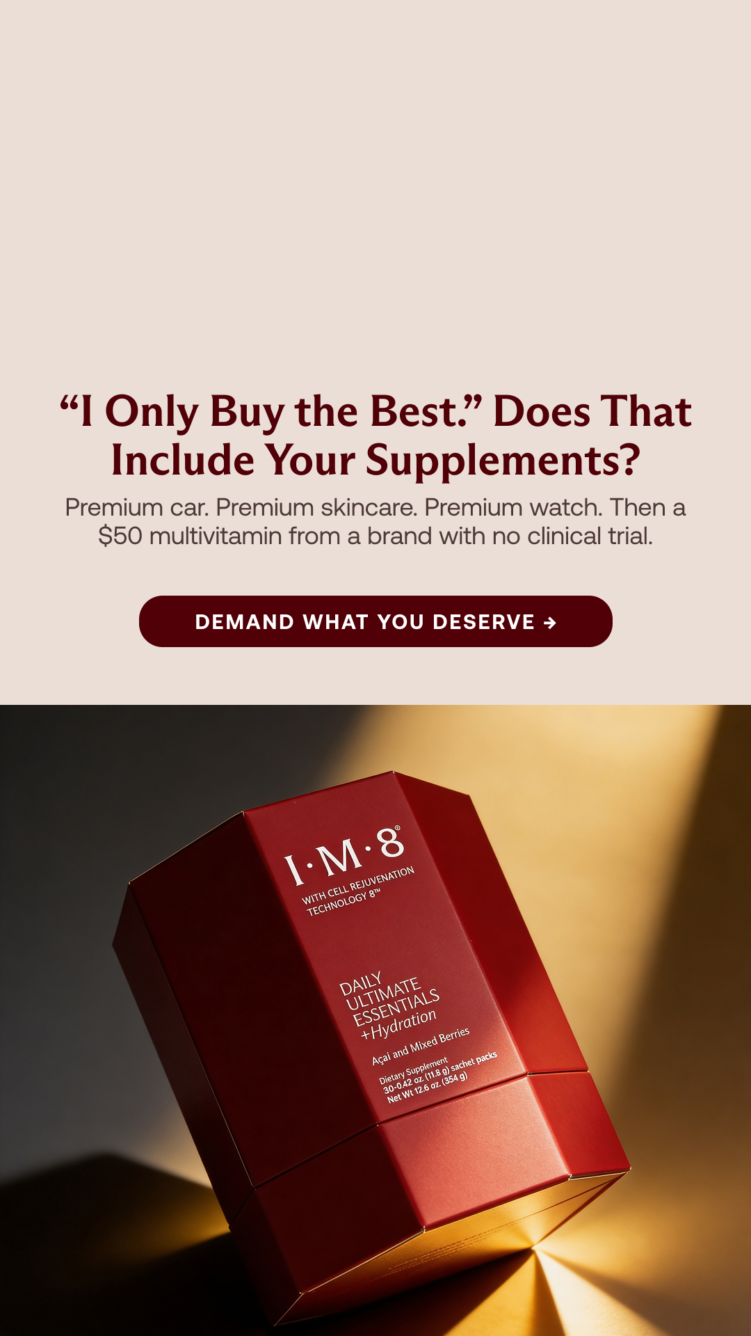 IM8 Facebook ad: Premium Ingredients. One Daily Sachet.