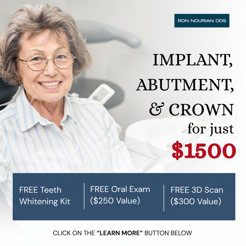 Dr. Ron Nourian DDS Facebook ad: Hello Los Angeles! New Year Special IMPLANT ABUTMENT AND…
