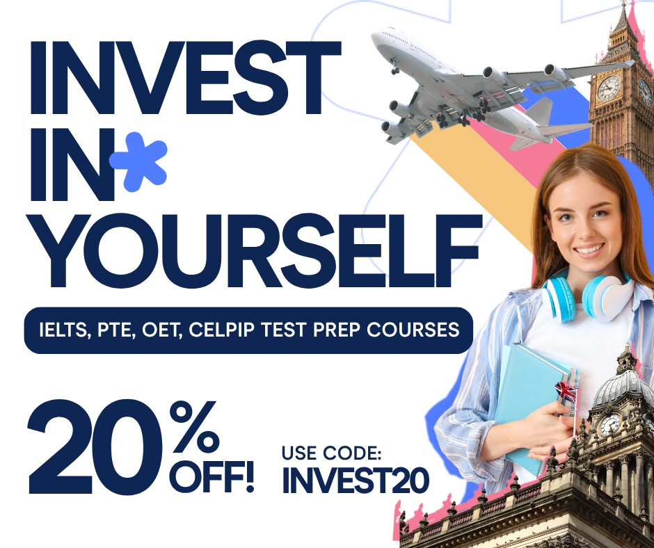 E2Language Facebook ad: Save 20% on all IELTS, PTE, OET, and CELPIP study packages
