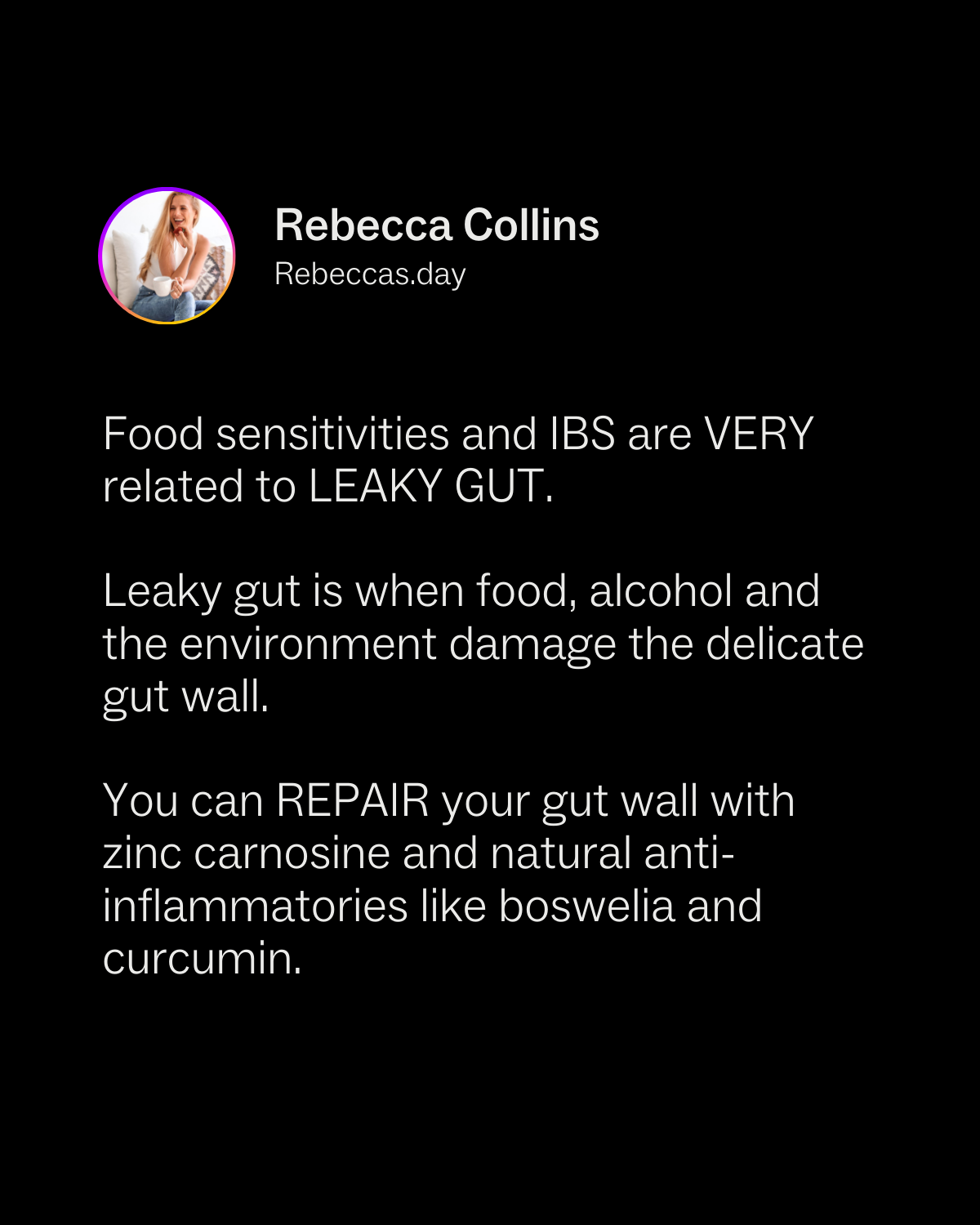 Rebeccas.Day Facebook ad: My food sensitivity is much better