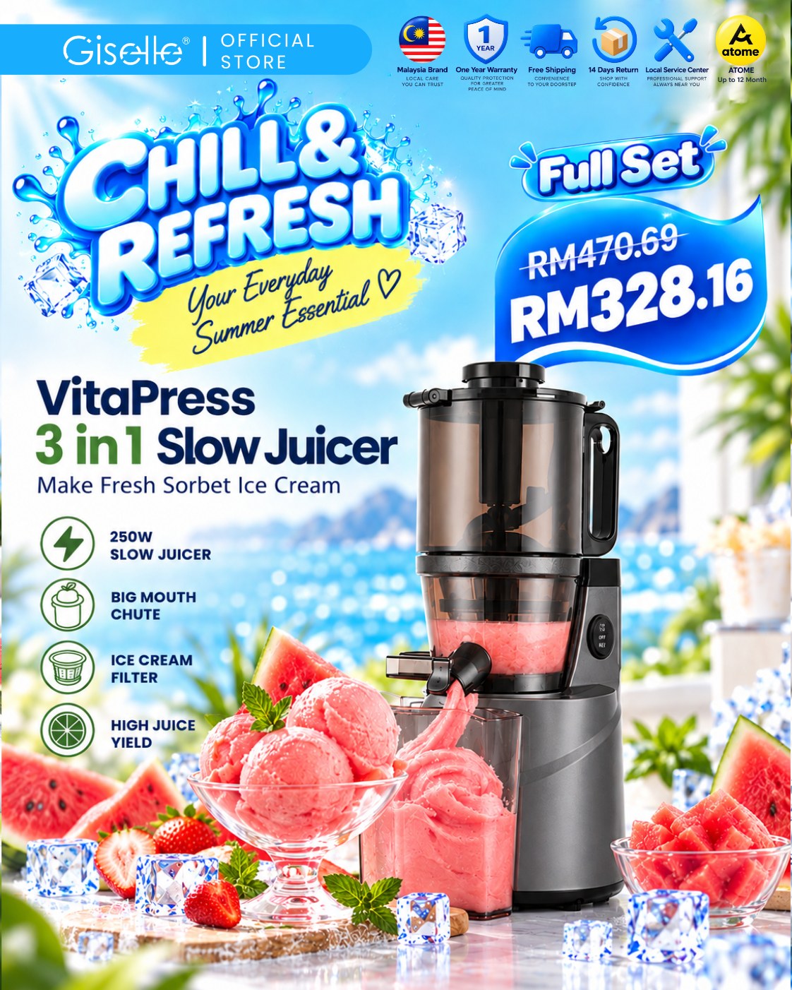 Giselle Facebook ad: Make Fresh Watermelon Sorbet! Save RM142.53 & Shop Now!