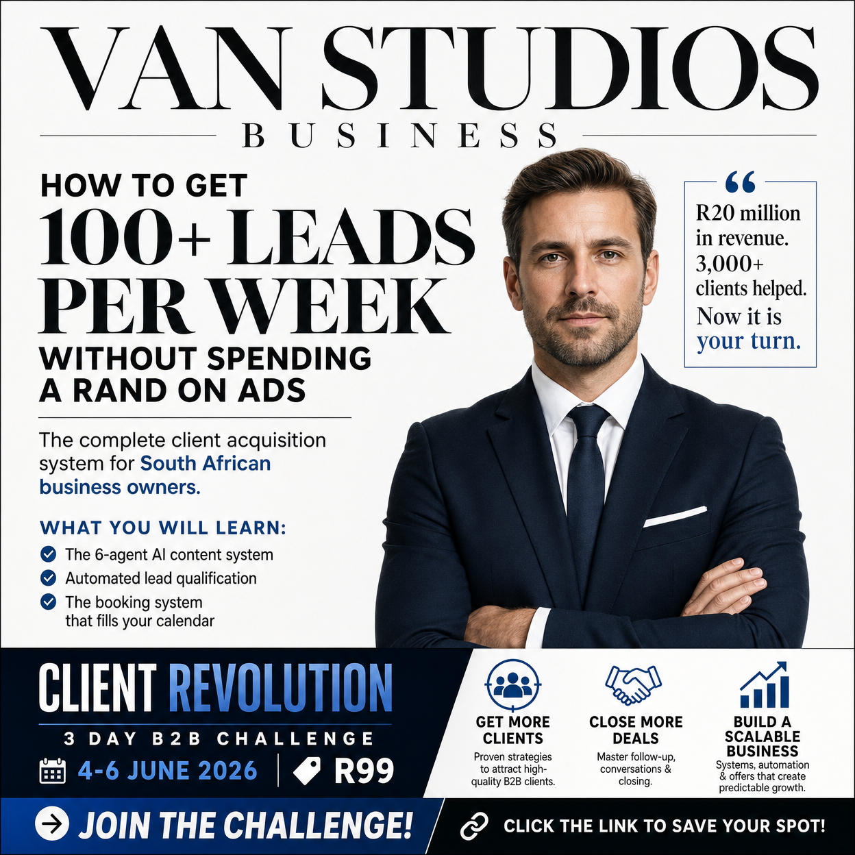 Van Studios Facebook ad: 100+ Leads Per Week. Without Spending a Rand on Ads.