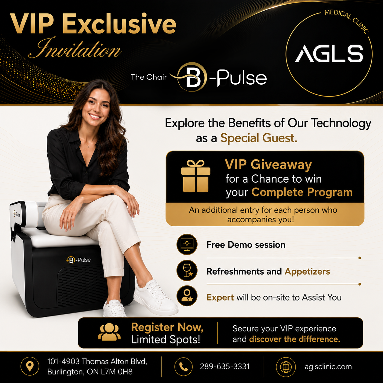AGLS medical clinic Facebook ad: Discover B-Pulse at our VIP Day at AGLS…