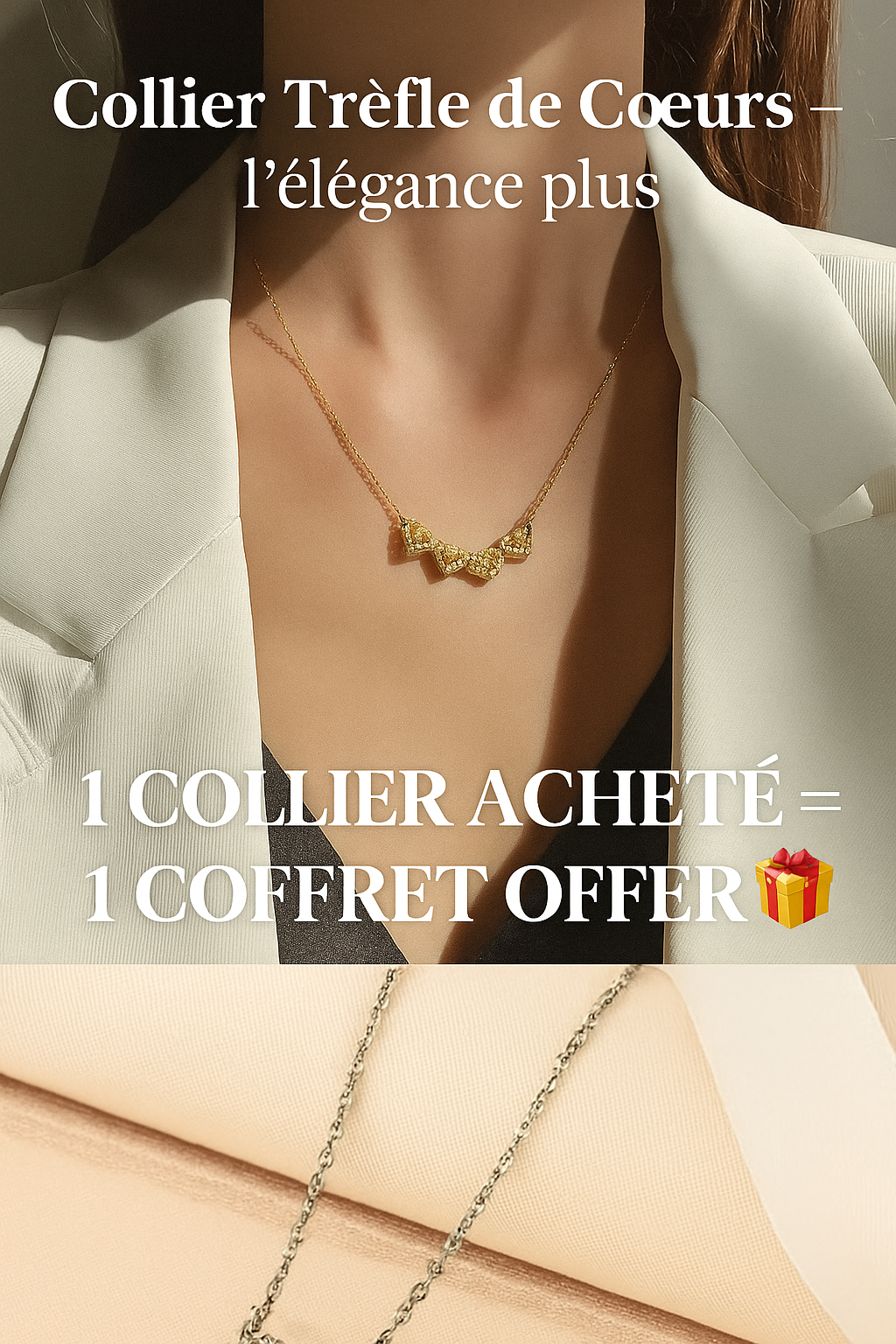 AmaadaStore Facebook ad: Collier Trèfle de Cœurs, L’élégance et la chance réunies