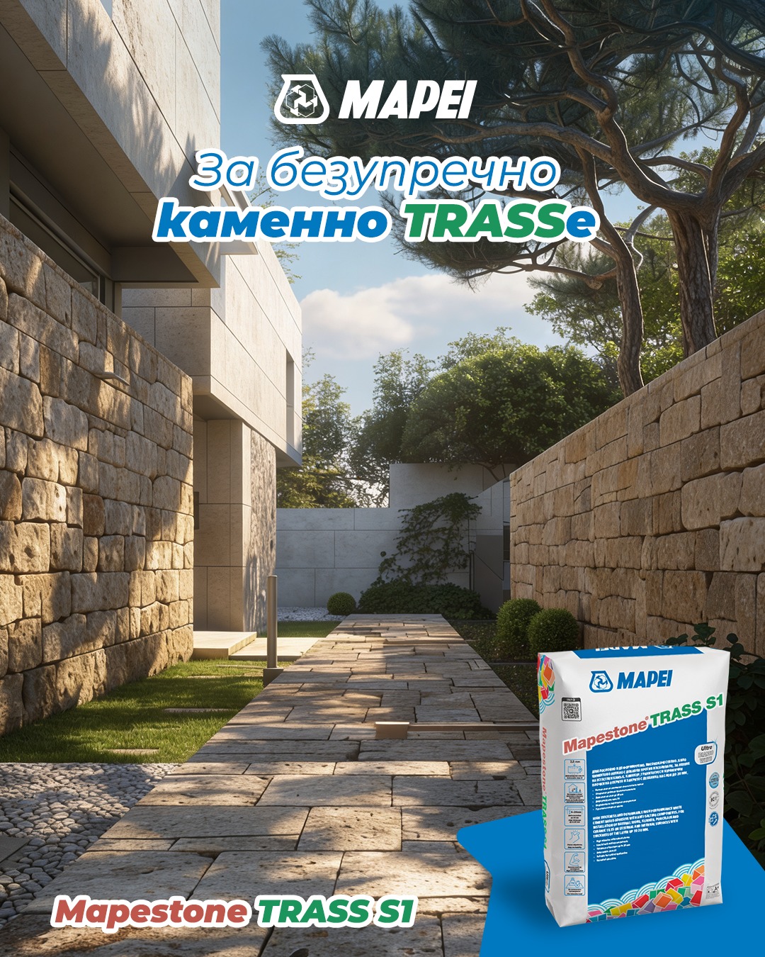 MAPEI Bulgaria Facebook ad: Mapestone Trass S1 прокарва трасето към перфектния резултат.