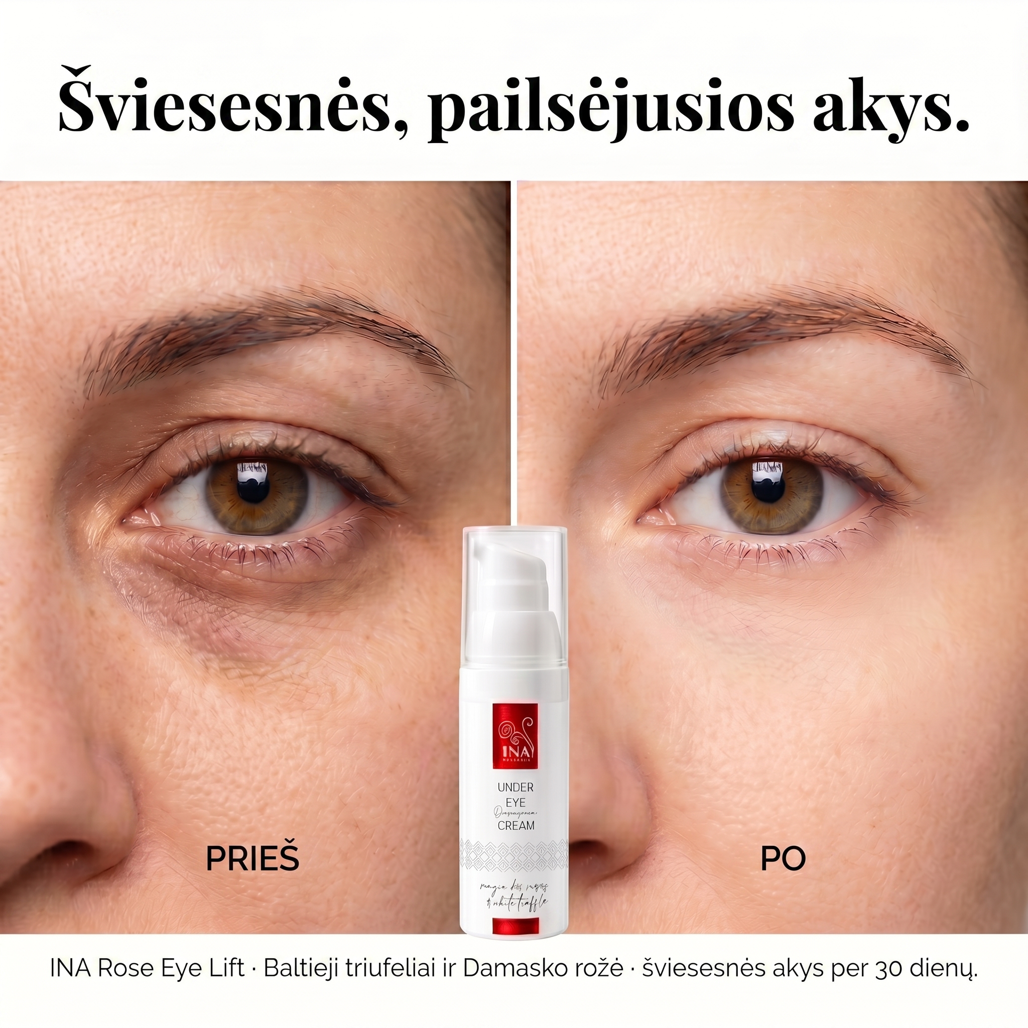 InaEssentials.lt - Šeimos Organinė Kosmetika Facebook ad: Tamsūs paakiai? Šviesesni per 30 dienų.