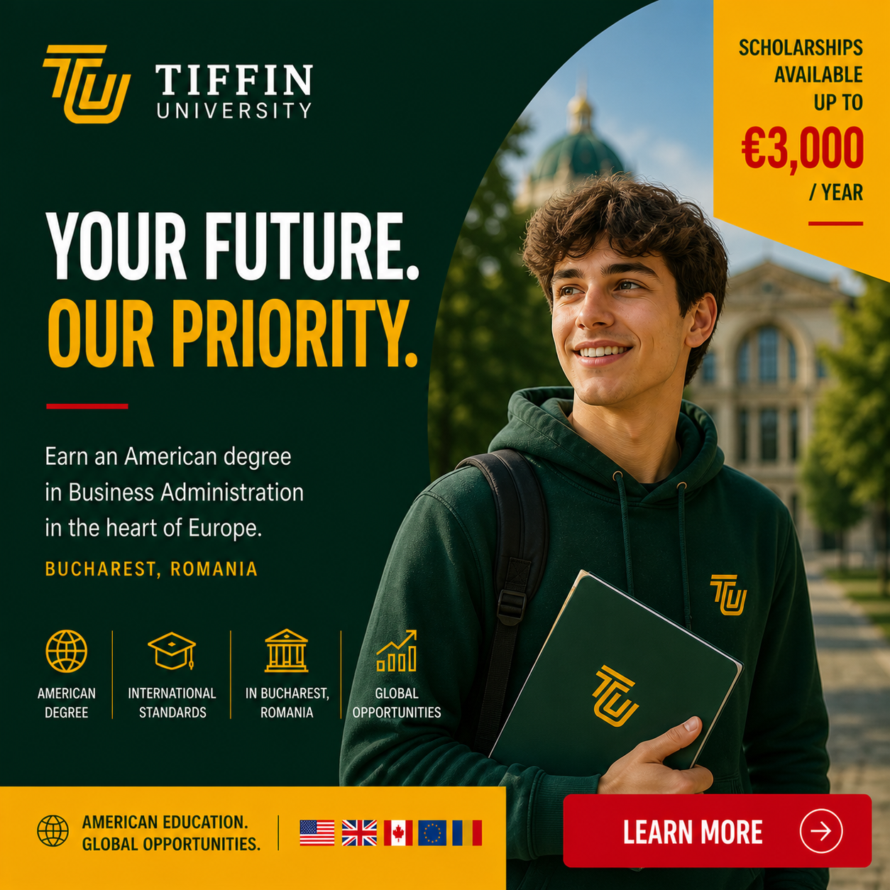 Tiffin University Romania Facebook ad from Jun 1, 2026