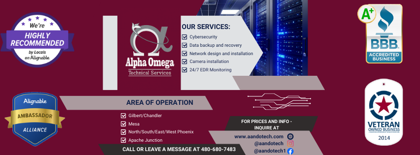 Alpha Omega Technical Services Facebook ad: 24/7 managed IT service provider, to secure, update…