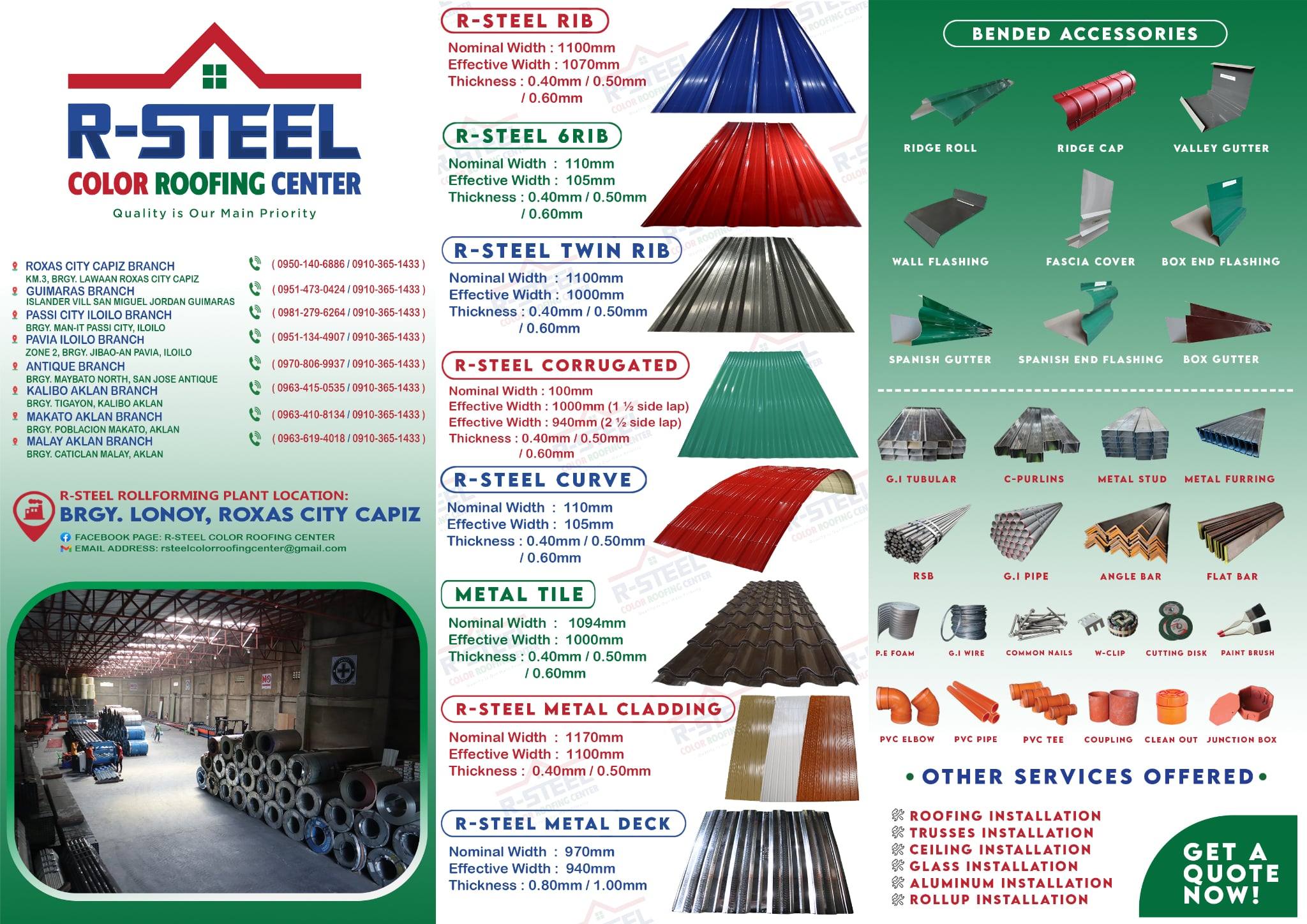 R-Steel Color Roofing Center Makato Aklan Branch Facebook ad: For Your Roofing, Cladding, Steeldecking, G.I C-Purlins…