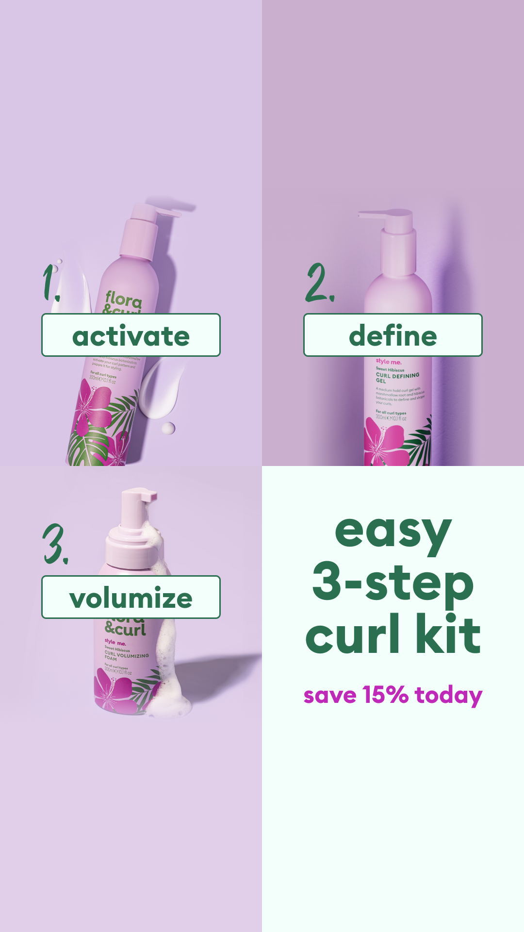Flora & Curl Haircare Facebook ad: Your Best Curls in 3 Simple Steps